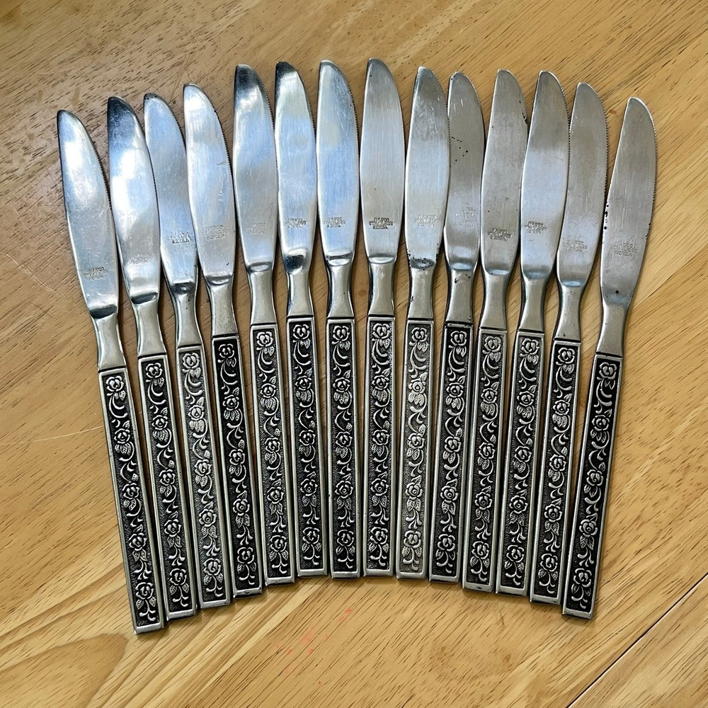Vintage Nasco Stainless Korea Floral Rose Castellano Dinner Knives Set of 14